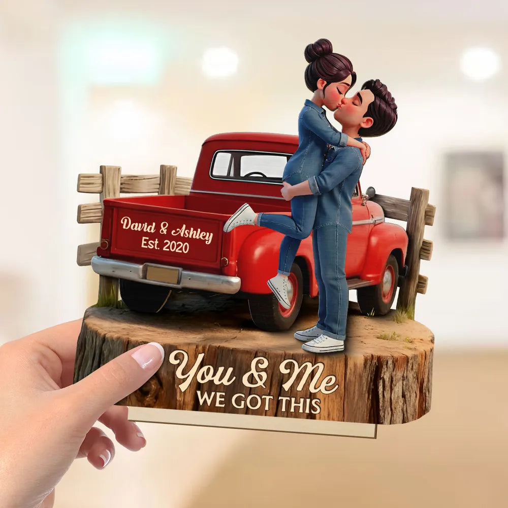 Kissing Couple in Red Pickup Truck - Personalized Wooden Plaque