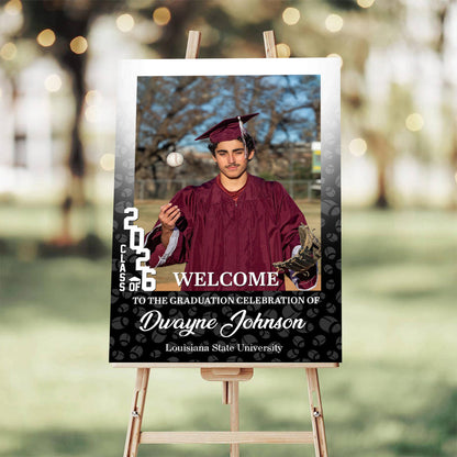 Personalized graduation welcome sign canvas featuring a student athlete with a football and helmet image 7