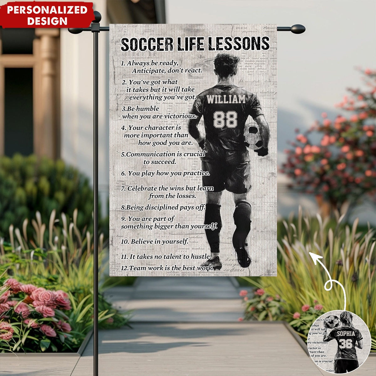Garden Flag material and size view - Personalized Soccer Garden Flag