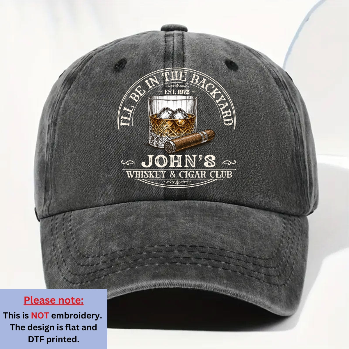 Personalized Whiskey & Cigar Denim Cap for Dad with personalized design details for meaningful gifting image 7