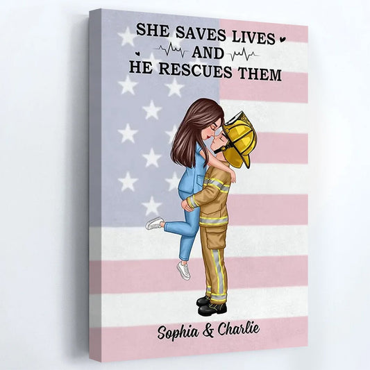 Personalized Nurse Firefighter Couple Canvas: 'She Saves Lives & He Rescues Them'