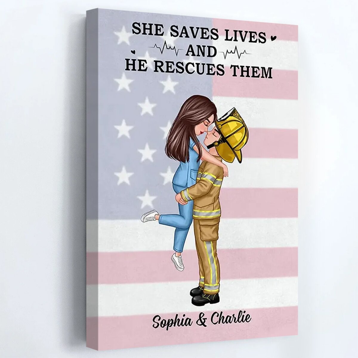 Personalized Nurse Firefighter Couple Canvas: 'She Saves Lives & He Rescues Them'