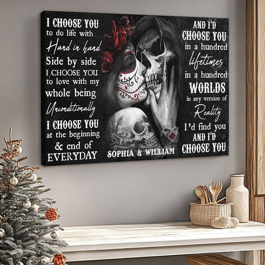 Personalized Sugar Skull Canvas: 'I Choose You' Eternal Love Art for Couples