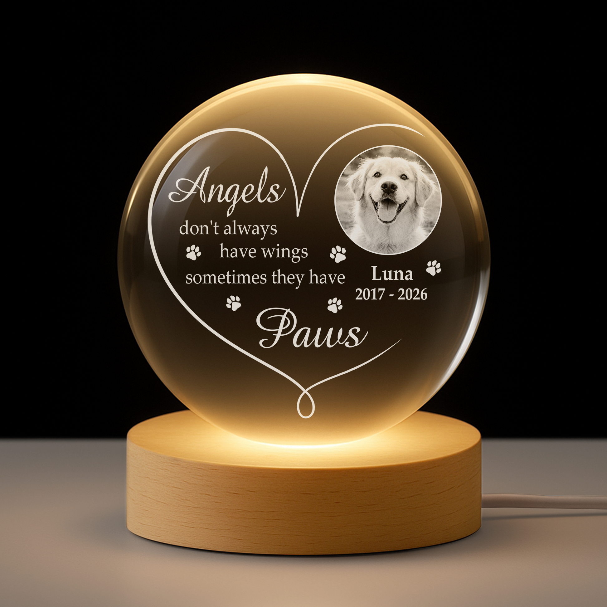 Angels With Paws - Personalized Memorial Photo Crystal Ball Lamp