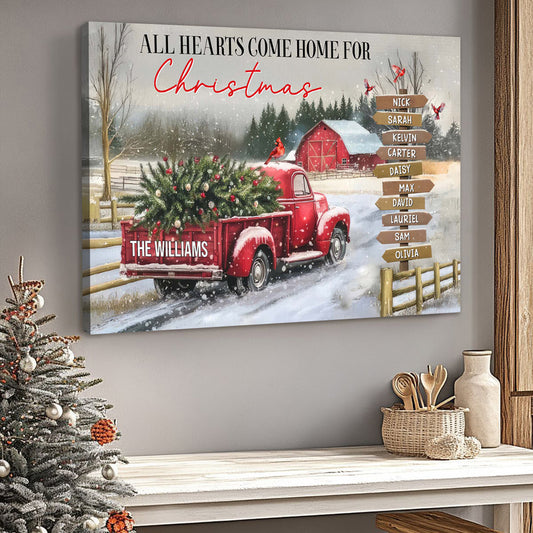 Personalized Hearts Come Home Christmas Poster / Canvas - Vintage Red Truck & Snowy Scene