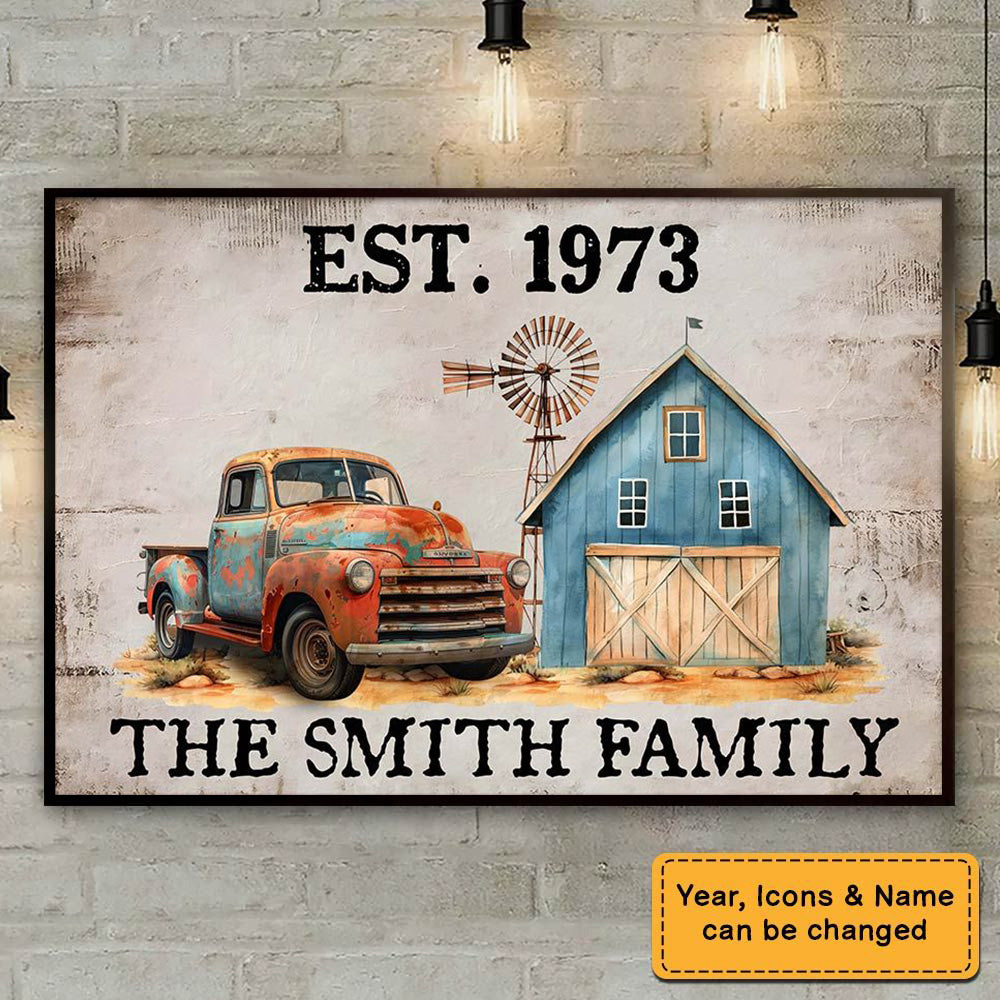 Custom Family Name Canvas / Poster - Featuring a Home Truck & Barn | Personalize with Family's Name & Year