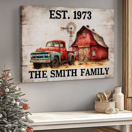Custom Family Name Canvas / Poster - Featuring a Home Truck & Barn | Personalize with Family's Name & Year