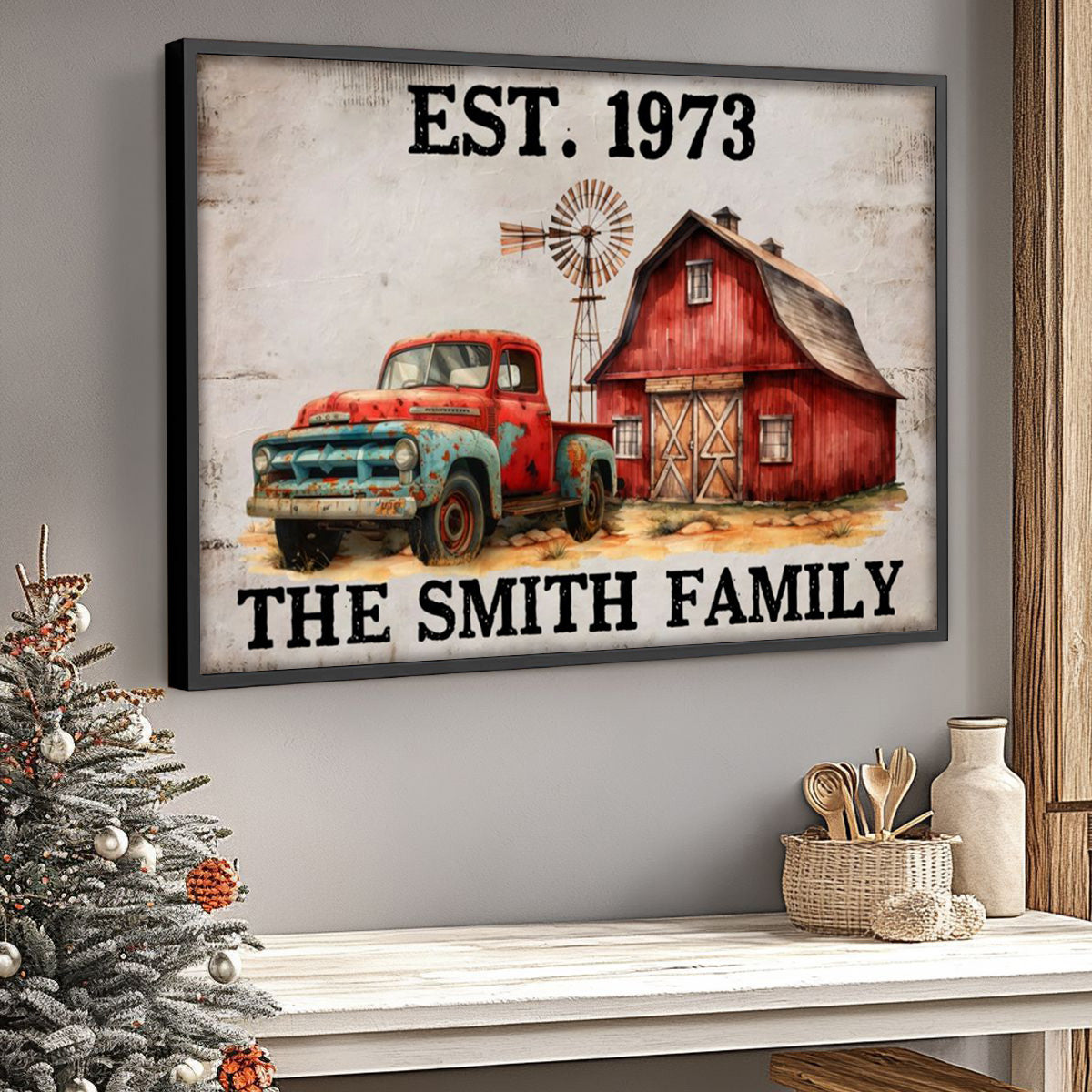 Custom Family Name Canvas / Poster - Featuring a Home Truck & Barn | Personalize with Family's Name & Year