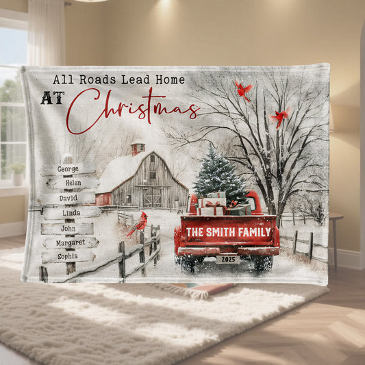 Customizable "All Roads Lead Home at Christmas" Blanket - Personalize Names & Year