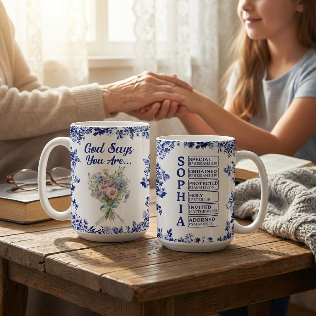 Personalized “God Says I Am” Mug - Custom Name Toile De Jouy Style