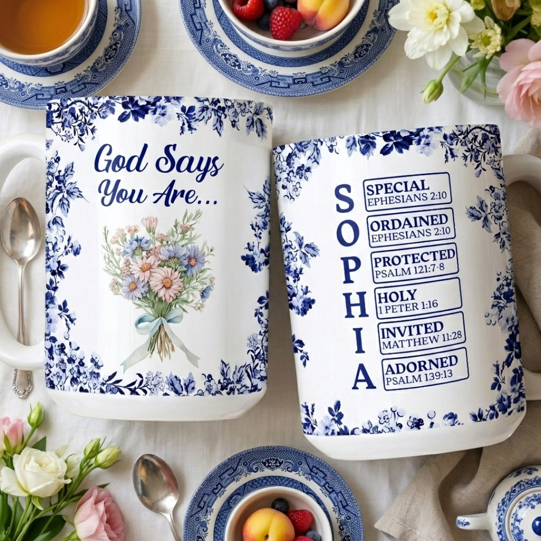 Personalized “God Says I Am” Mug - Custom Name Toile De Jouy Style