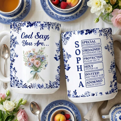 Personalized “God Says I Am” Mug - Custom Name Toile De Jouy Style