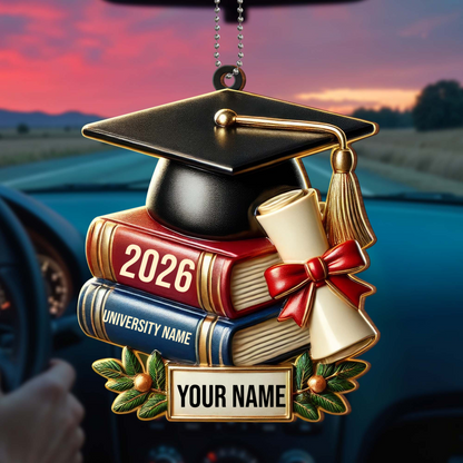 Cap, Books & Diploma Design - Personalized Custom Graduation Wood Car Ornament