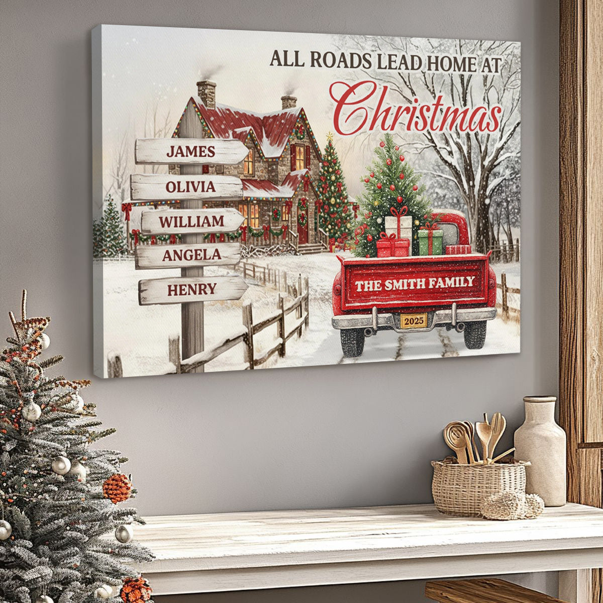 Customizable "All Roads Lead Home at Christmas" Canvas / Poster - Personalize Names & Year - New Version
