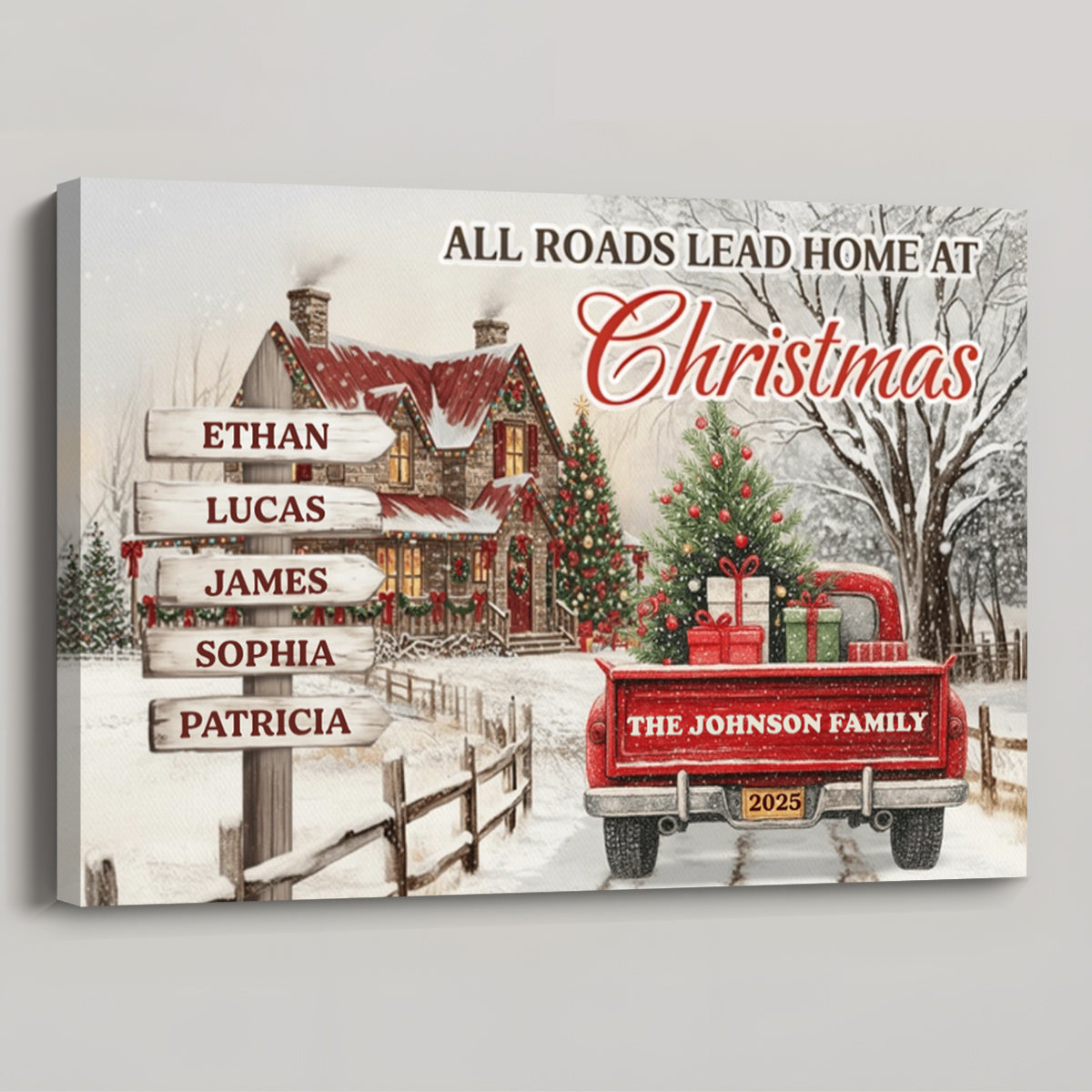 Customizable "All Roads Lead Home at Christmas" Canvas / Poster - Personalize Names & Year - New Version