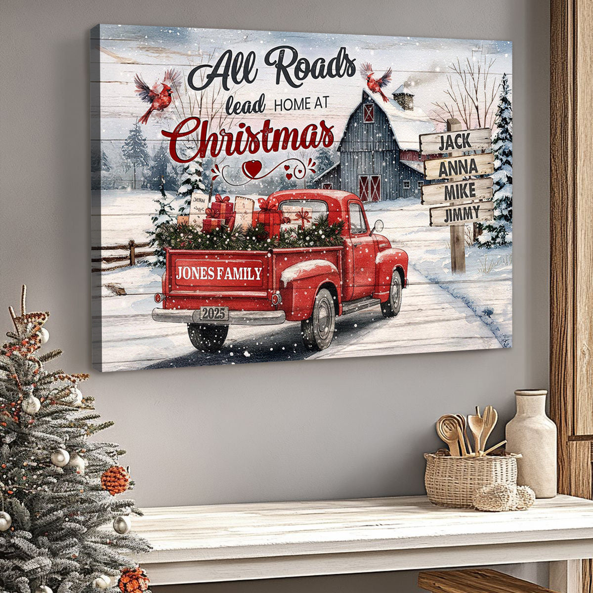All Roads Lead Home at Christmas-Personalized Red Truck Christmas Family Canvas