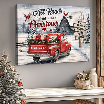 All Roads Lead Home at Christmas-Personalized Red Truck Christmas Family Canvas