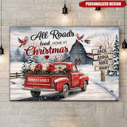 All Roads Lead Home at Christmas-Personalized Red Truck Christmas Family Canvas