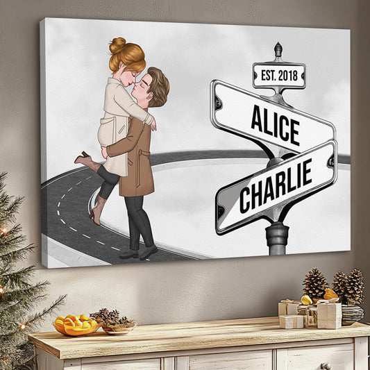 Couple Kissing Wall Art - Personalised Vintage Street Sign Canvas / Poster