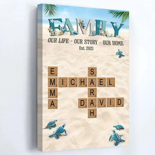 Personalized Family Names Crossword Poster / Canvas - Custom Beach Background Wall Decor