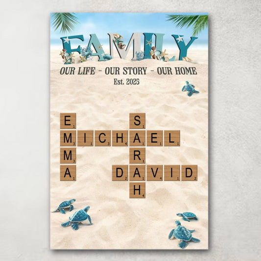 Personalized Family Names Crossword Poster / Canvas - Custom Beach Background Wall Decor