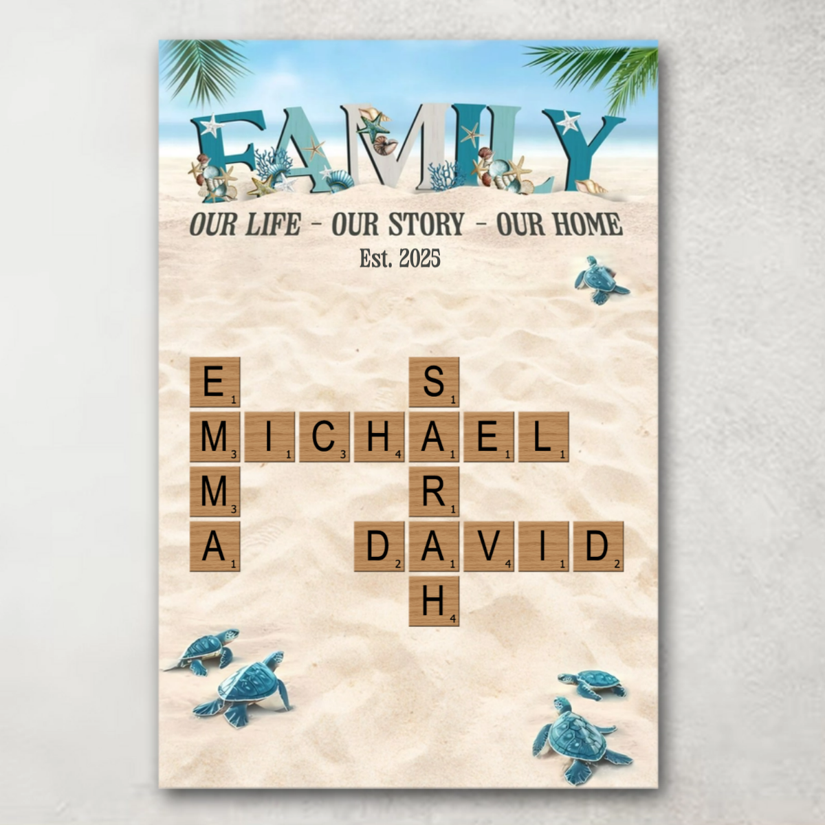 Personalized Family Names Crossword Poster / Canvas - Custom Beach Background Wall Decor