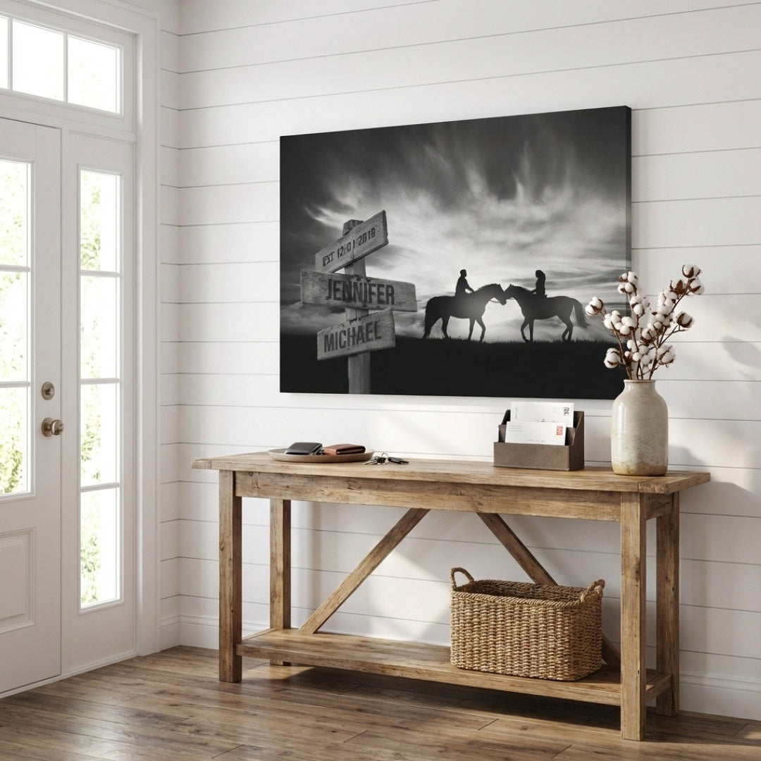 Personalized Couple Horse Horizon Poster / Canvas - Custom Names & Year