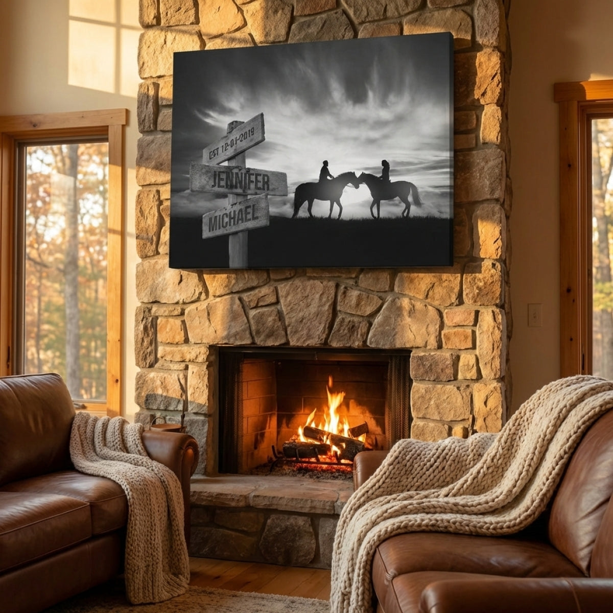 Personalized Couple Horse Horizon Poster / Canvas - Custom Names & Year