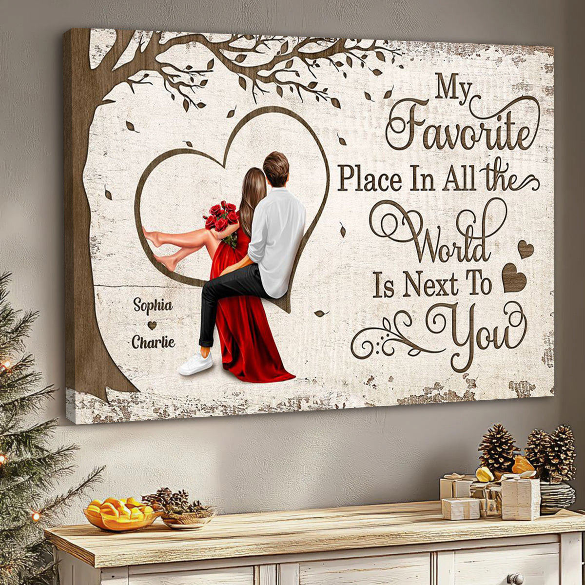 Personalized Favorite Place In The World Heart Couple Sitting Couple Poster / Canvas - Custom Valentine’s & Anniversary Gift