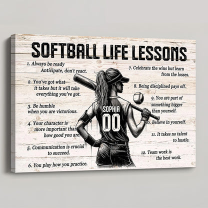 Personalized Custom Softball Life Lessons Canvas / Poster - Custom Motivational Softball Gift For Women Softball Players