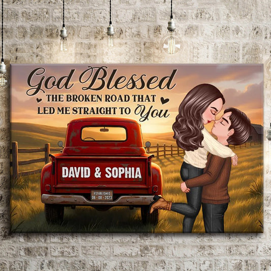 Personalized Rustic Nostalgia Red Truck Couple Hugging Kissing Farmhouse Decor Poster / Canvas - Custom Heartfelt Valentine Anniversary Gift