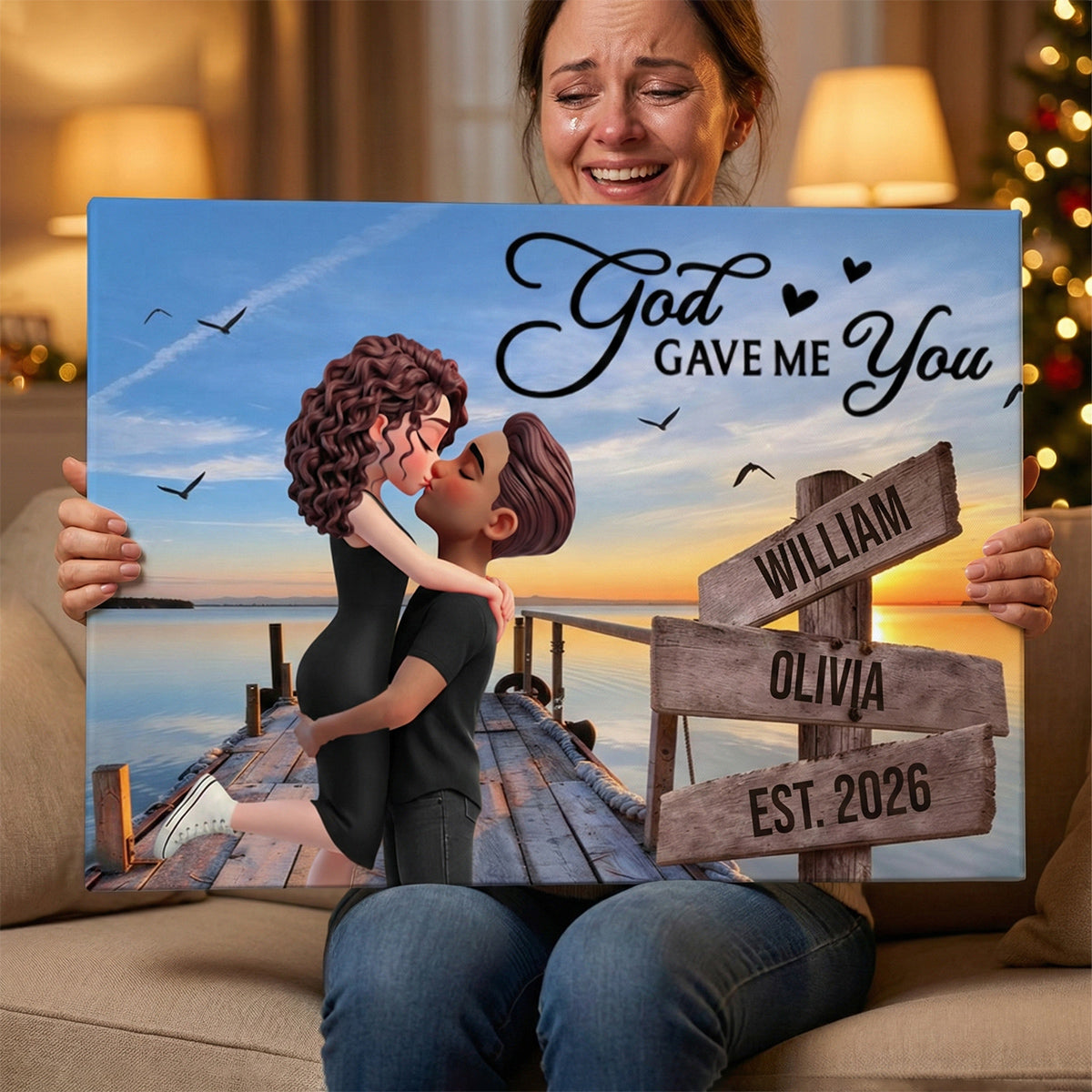 Eternal Love Couple Sitting At Lake Dock Sign Posts - Personalized Custom Valentine Anniversary Poster / Canvas