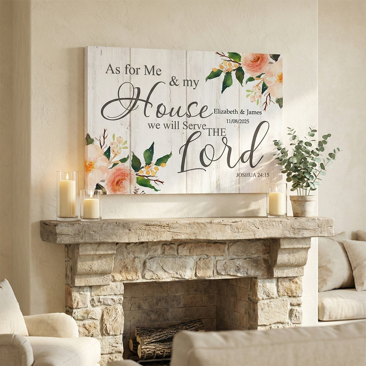 As For Me And My House We Will Serve The Lord - Personalised Floral Wall Art Canvas / Poster