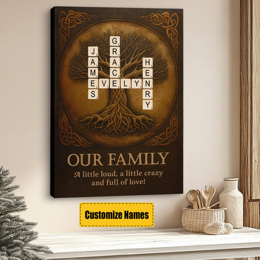 Personalised Family Tree Crossword Canvas / Poster - Custom With Family Names