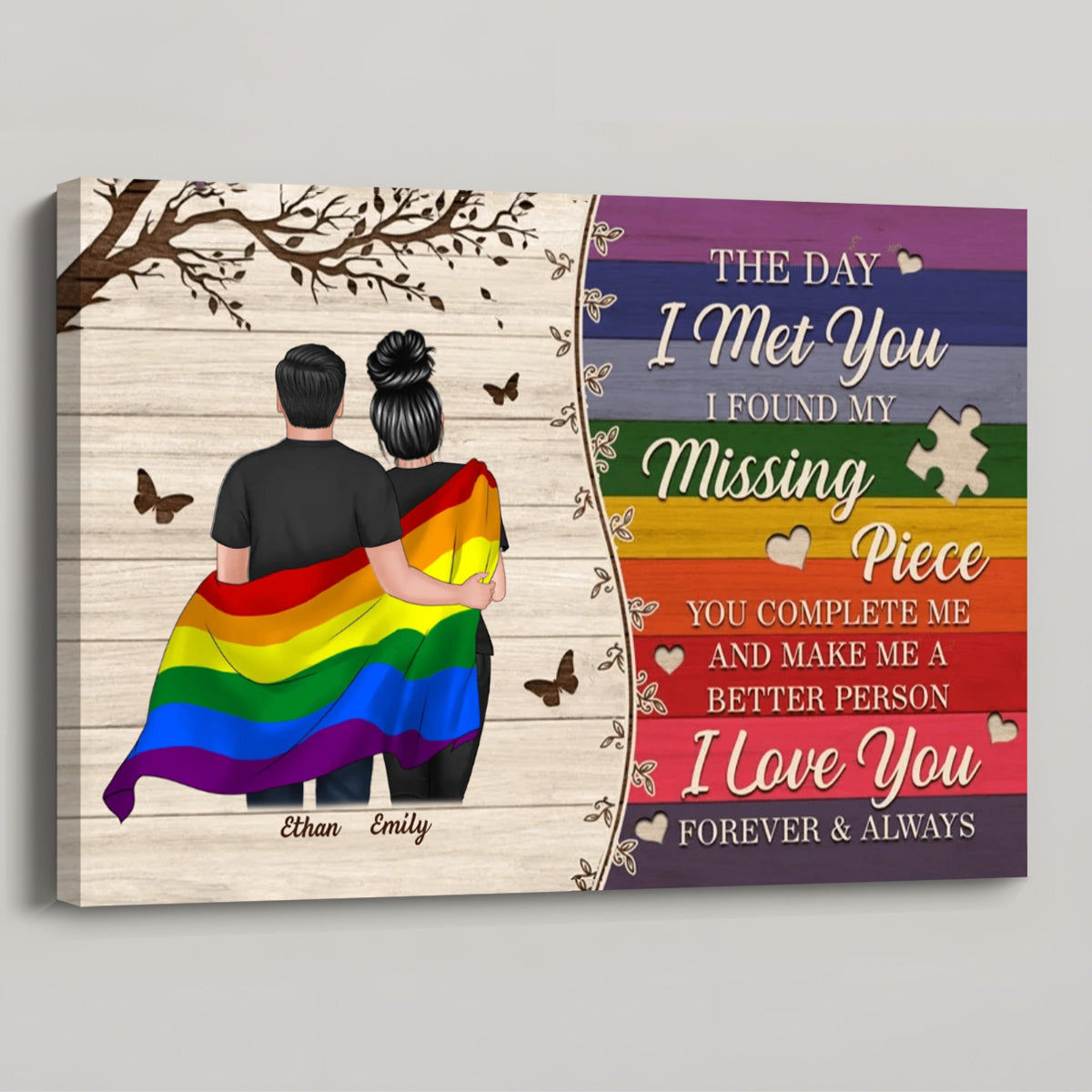 Colorful Wood Pallets The Day I Met You - Personalized LGBTQ Couple Hugging Flag Poster / Canvas