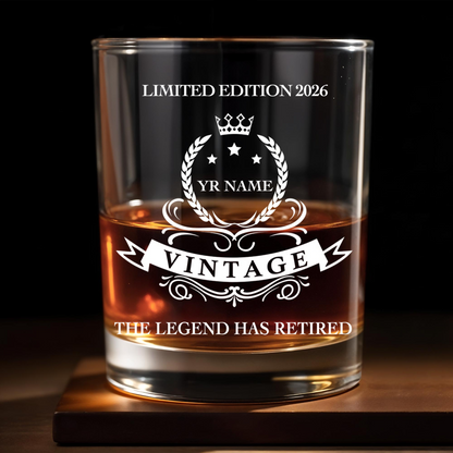 The Legend Has Retired - Personalized Custom Crown And Laurel Wreath Design Whiskey Glass