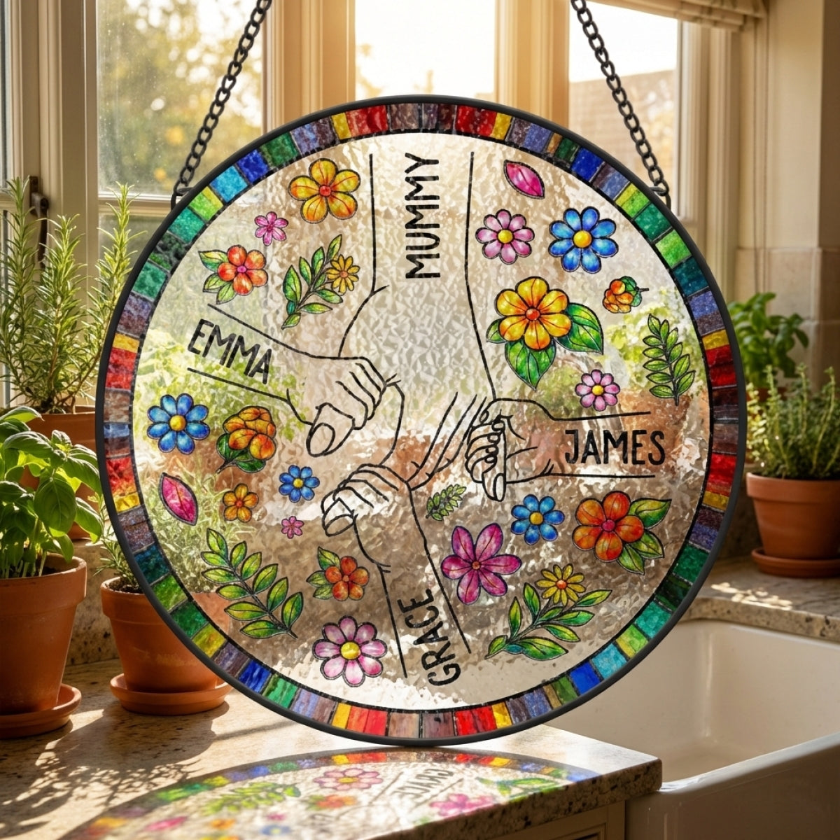 Personalised Stained Glass Flower Suncatchers - Custom Gift For Mum/Granny