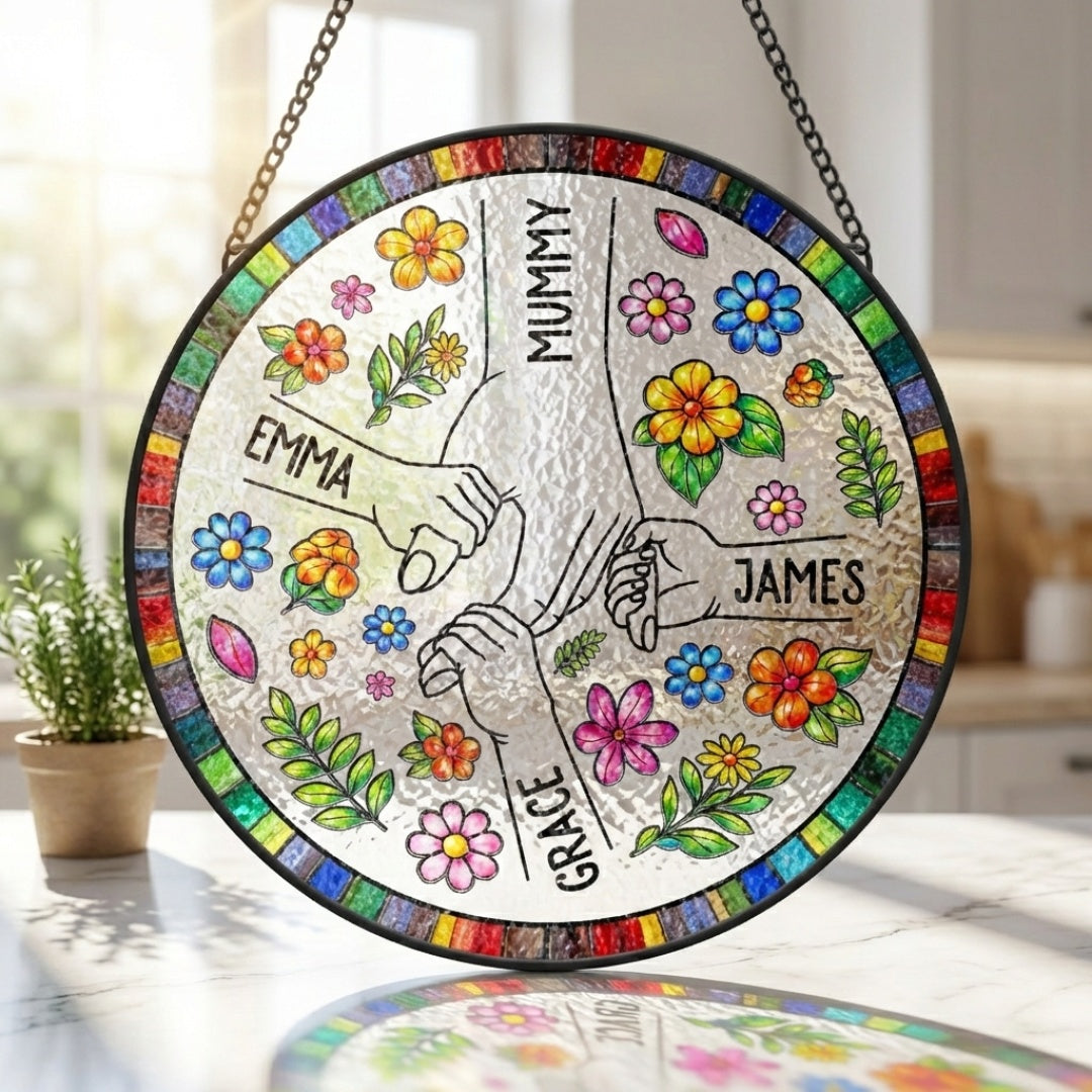 Personalised Stained Glass Flower Suncatchers - Custom Gift For Mum/Granny