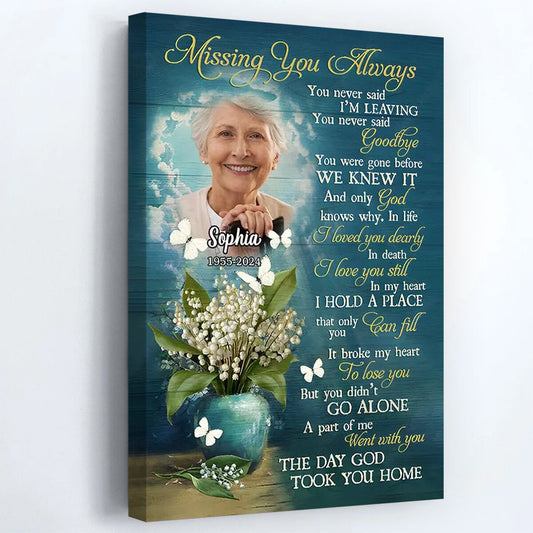 The Day God Took You Home - Personalized White Butterfly Blue Sky Memorial Canvas / Poster
