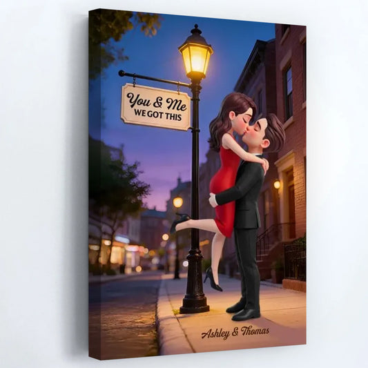 Eternal Love Couple Hugging Kissing Under Street Lamp Post - Personalized Custom Couple Poster / Canvas