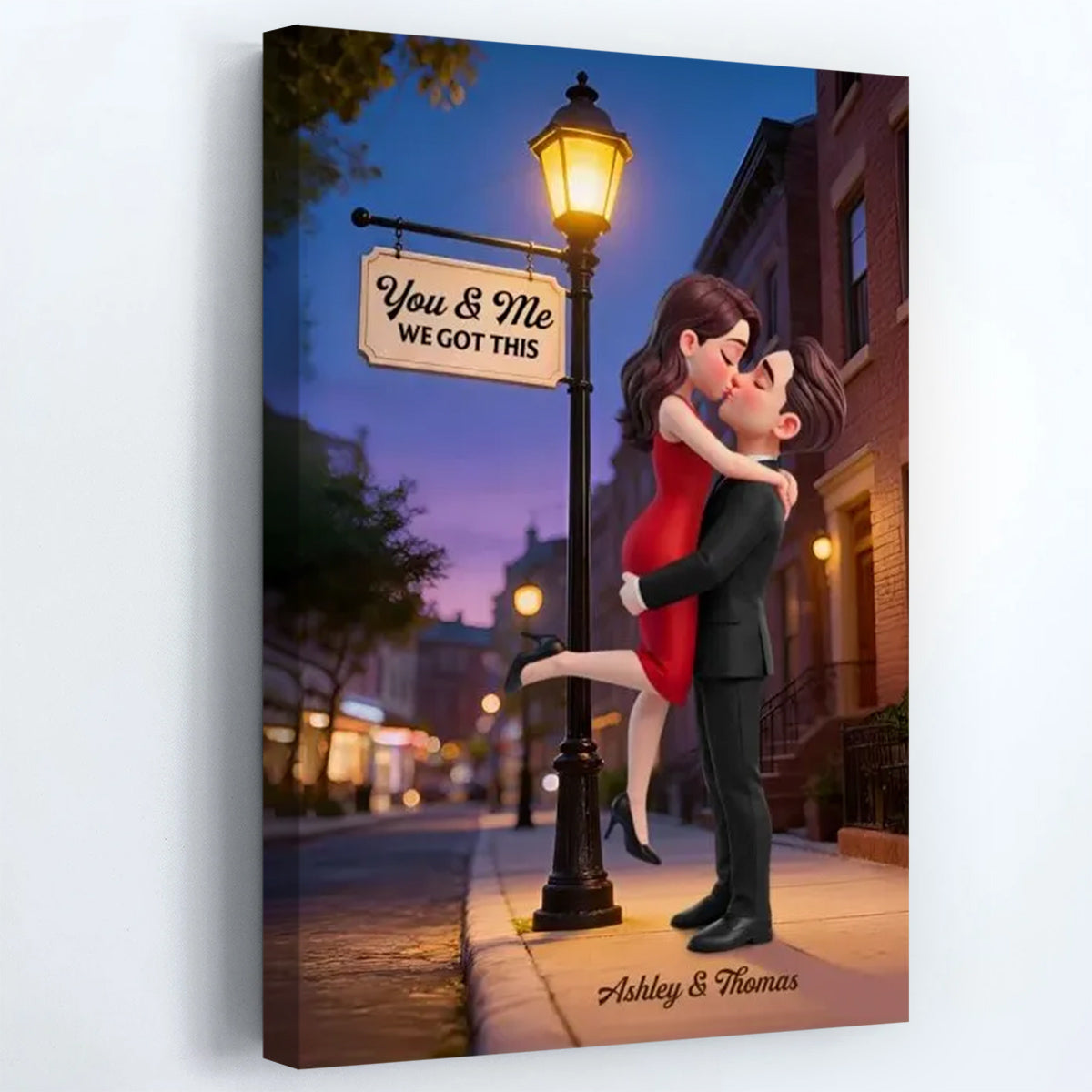 Eternal Love Couple Hugging Kissing Under Street Lamp Post - Personalized Custom Couple Poster / Canvas