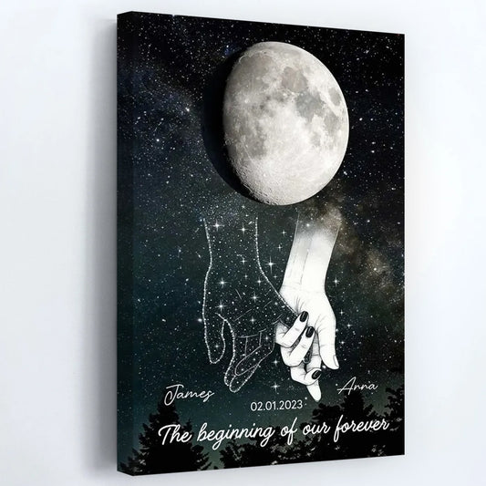 Galaxy Night Couple Holding Hands - Personalized Custom Moon Phase Anniversary Date Poster / Canvas