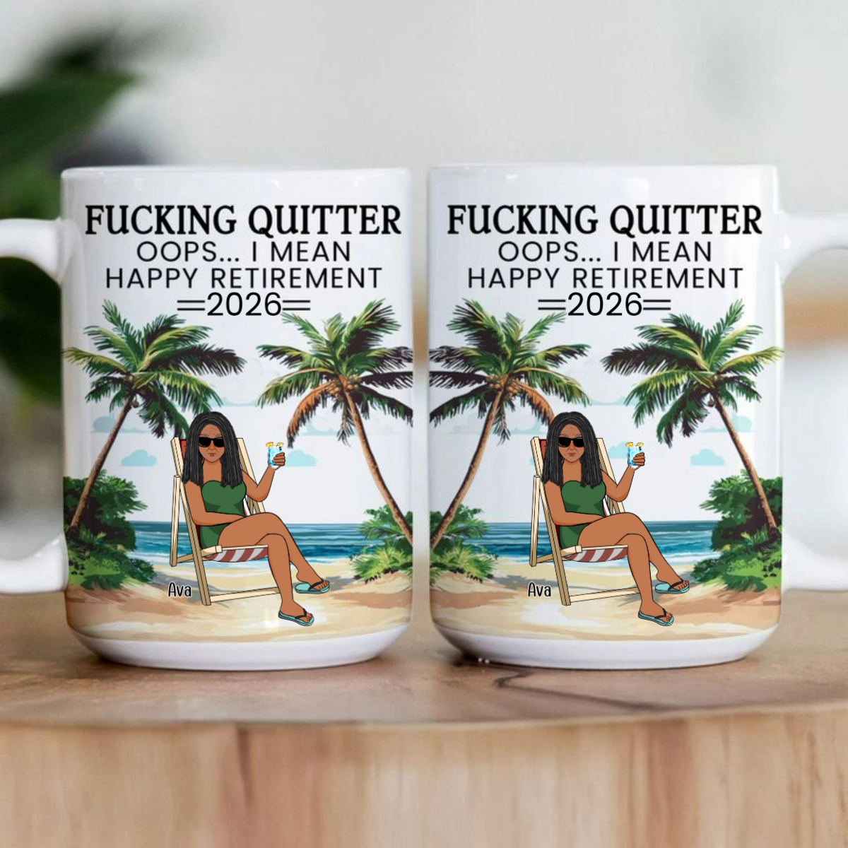 F*cking Quitter Oops I Mean Happy Retirement - Personalized Beach Scene Mug