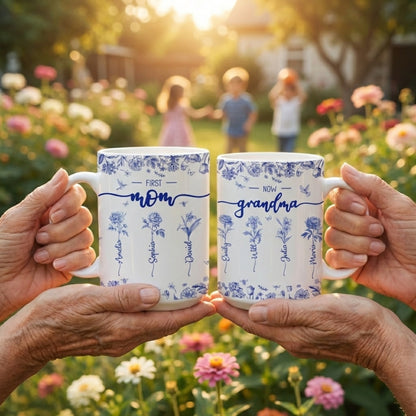 First Mom Now Grandma - Personalized Custom Birth Flower Toile De Jouy Mug