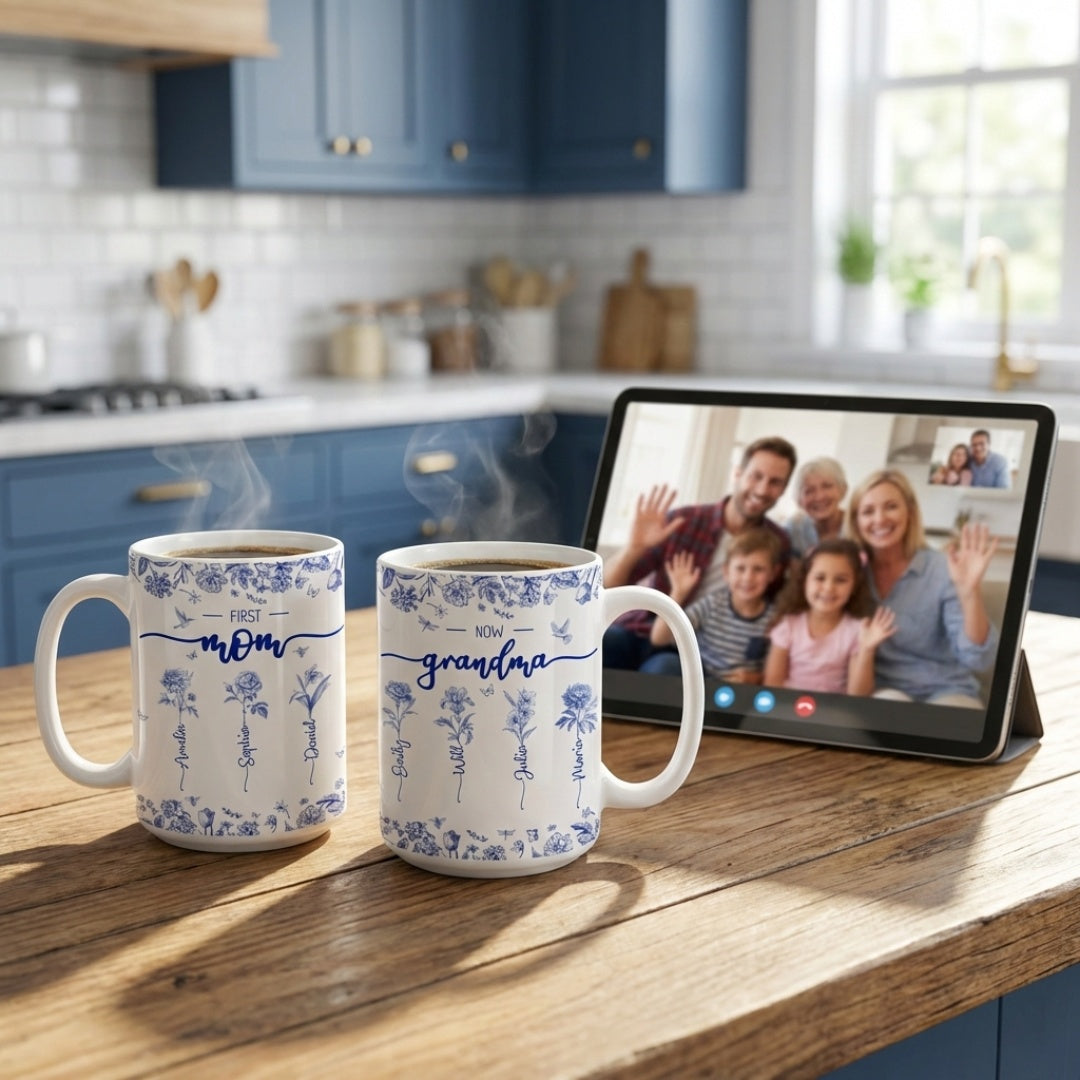 First Mom Now Grandma - Personalized Custom Birth Flower Toile De Jouy Mug