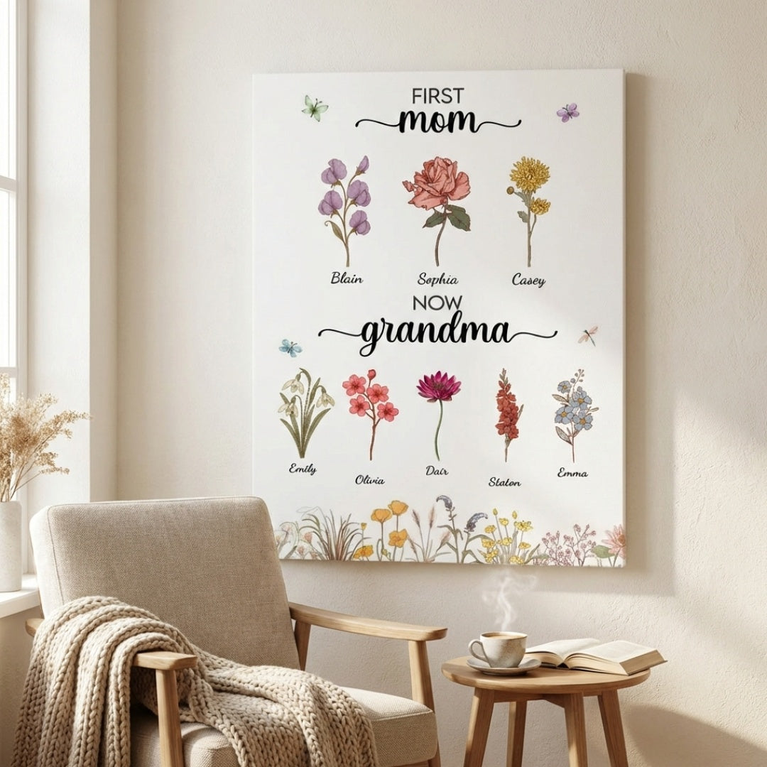 Personalized First Mom Now Grandma Poster / Canvas - Custom Birth Flower With Grandkids Names