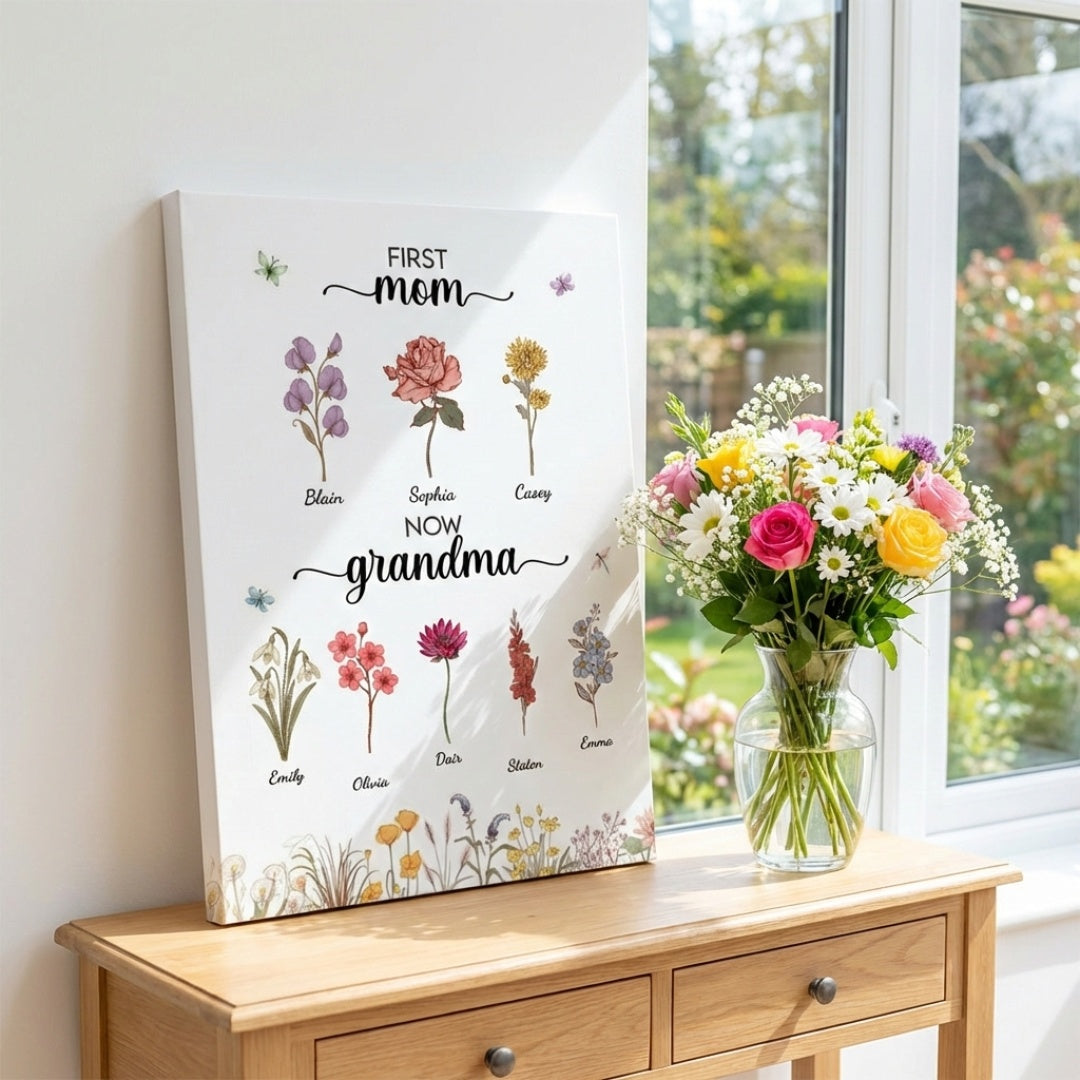Personalized First Mom Now Grandma Poster / Canvas - Custom Birth Flower With Grandkids Names