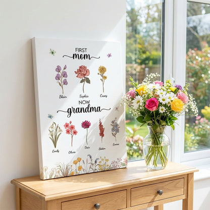 Personalized First Mom Now Grandma Poster / Canvas - Custom Birth Flower With Grandkids Names