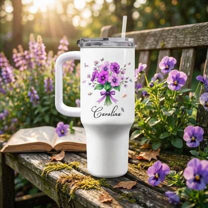 Personalized Tumbler With Straw - Vibrant Floral Design with Butterflies & Ribbons