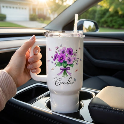 Personalized Tumbler With Straw - Vibrant Floral Design with Butterflies & Ribbons